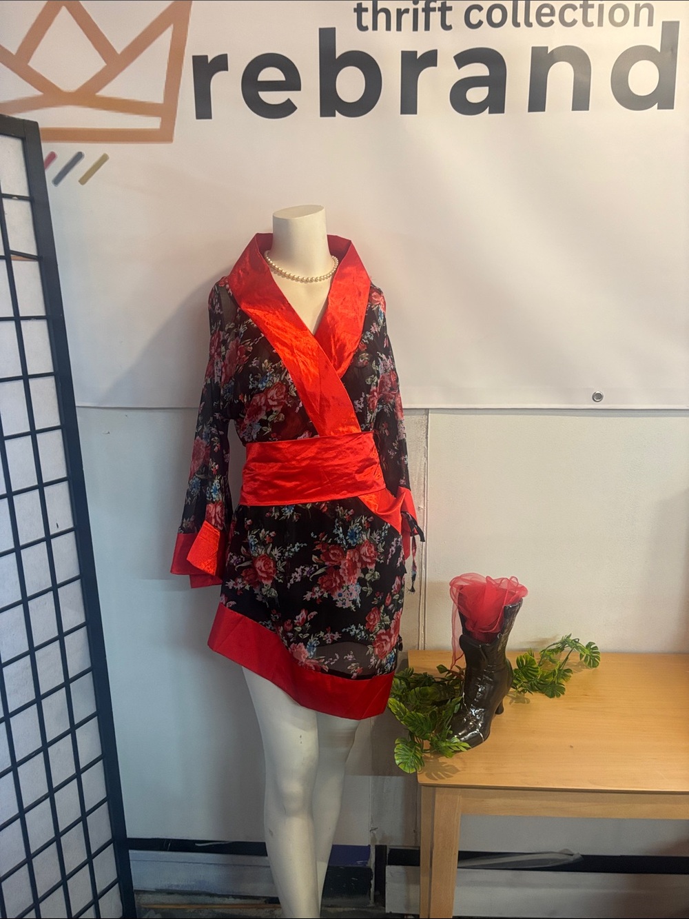 Black Floral Kimono Dress with Red Satin Trim
